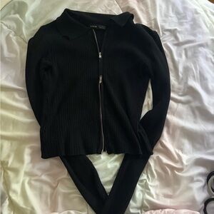 SHEIN Black Ribbed Zip-Up Crop Top